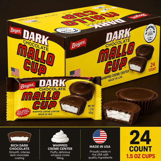 Boyer Dark Chocolate Whipped Cream Mallo Cup Candy, 1.5oz, 24-Count Box Pack, Chocolate Marshmallow Snacks