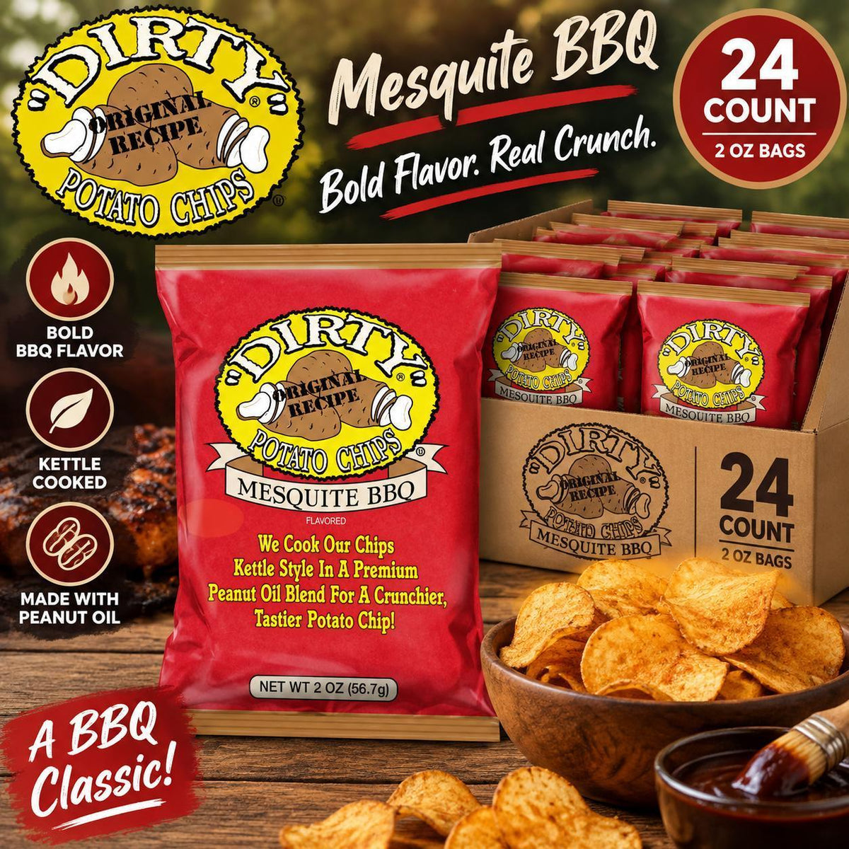 Dirty Kettle Cooked Potato Chips, Mesquite Barbecue Flavor, 2 oz Snack Bags, 24 Count Snack Food
