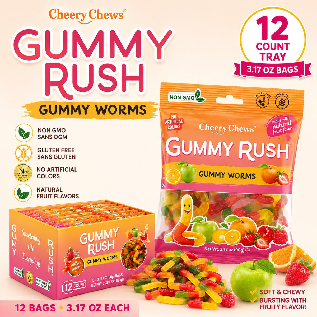 INFIN8 Gummy Rush Fruit Worms Gummy Candy 3.17 oz 12 Count Fruity Chewy Gummy Snacks
