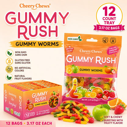 INFIN8 Gummy Rush Fruit Worms Gummy Candy 3.17 oz 12 Count Fruity Chewy Gummy Snacks