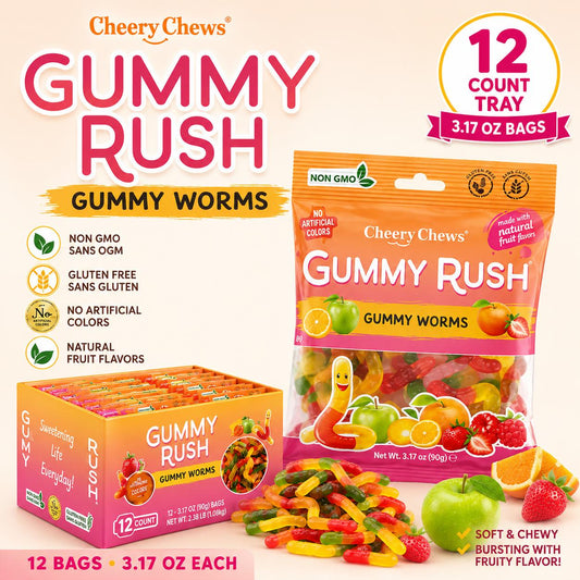 INFIN8 Gummy Rush Fruit Worms Gummy Candy 3.17 oz 12 Count Fruity Chewy Gummy Snacks