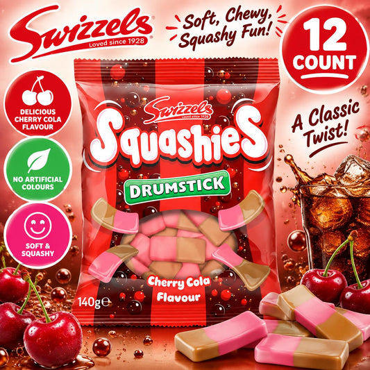 Swizzels Drumstick Squashies Cherry Cola Chewy Candy - UK Import, 12 Count, 140g, Candy in Bulk, Ambient Storage, Plastic Bag Packaging
