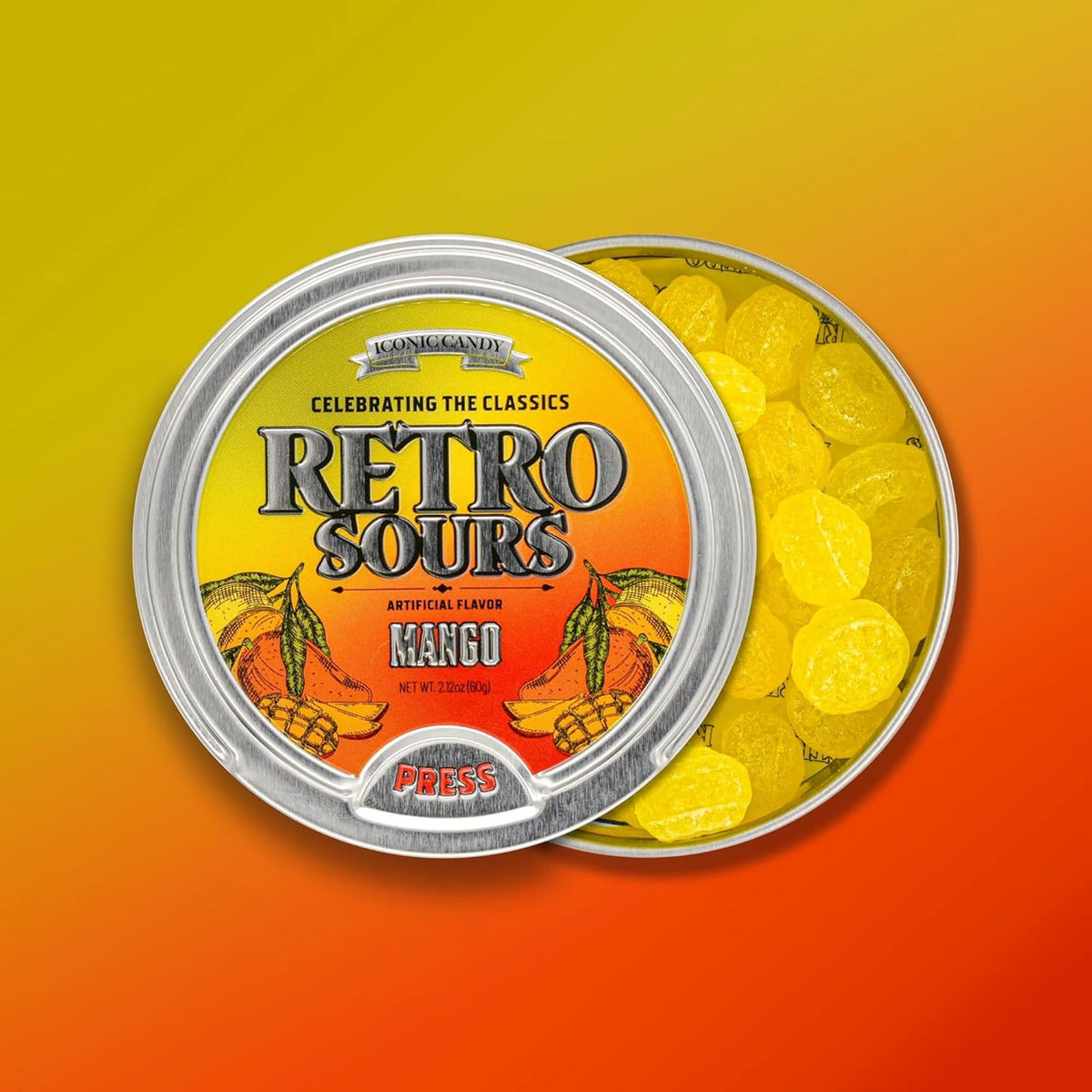 Retro Sours Mango Candies - 60g Tray Pack with 8-Count Collectible Tins, Sugar-Based Fruit Snack for Parties, Gifts