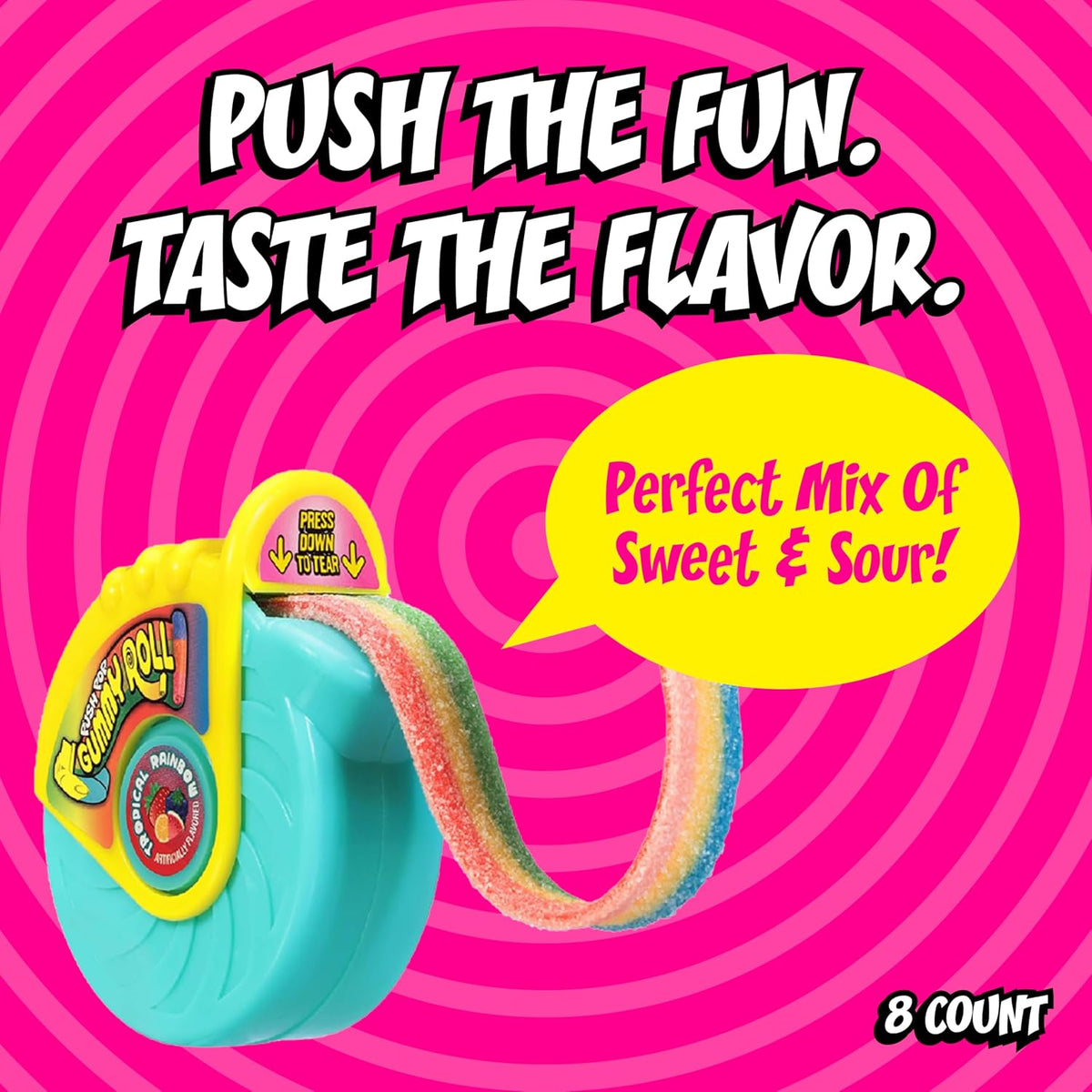 Topps Push Pop Gummy Roll Dispenser, 8-Count Sweet Soft Candy Snacks, 1.4oz Sugar-Made Novelty Candies for Parties