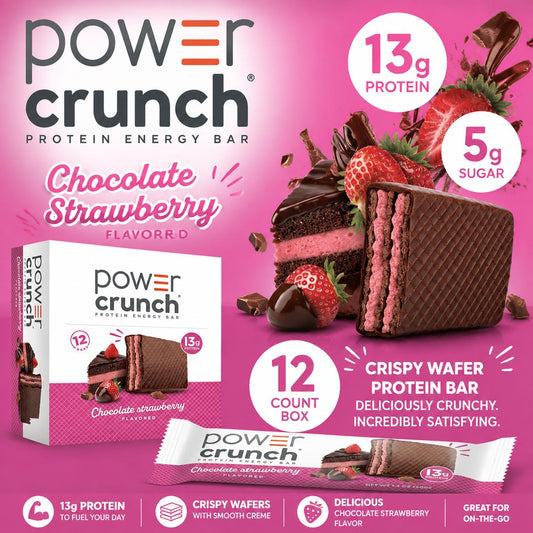 Power Crunch High Protein Crispy Wafer Bars, Chocolate Strawberry Flavor, 1.4oz, 12 Bars Box Pack, On-the-Go Snack Treats