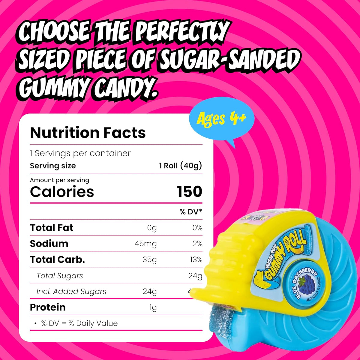 Topps Push Pop Gummy Roll Dispenser, 8-Count Sweet Soft Candy Snacks, 1.4oz Sugar-Made Novelty Candies for Parties