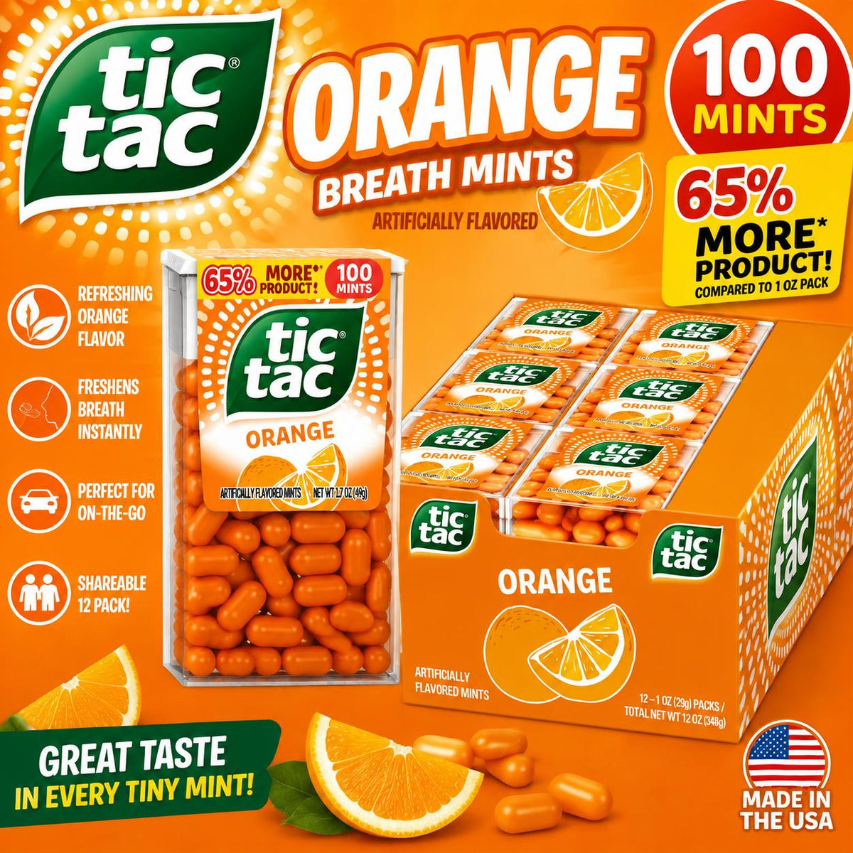 Tic Tac Orange Sugar Breath Mints, 1.7 oz, 12-Pack, Pocket-Size Fresh Breath Candy for Everyday Use