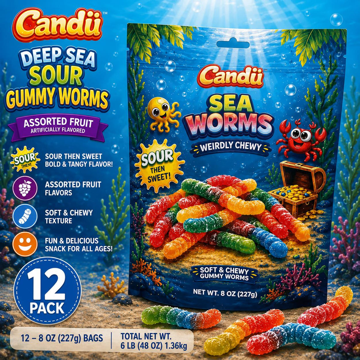 Candu Deep Sea Sour Gummy Worms Gummies Candy - Assorted Fruit Flavor, 8oz, 12 Packs, Chewy, Sugar-Sweetened, Room Temp-Stable Snacks