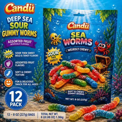 Candu Deep Sea Sour Gummy Worms Gummies Candy - Assorted Fruit Flavor, 8oz, 12 Packs, Chewy, Sugar-Sweetened, Room Temp-Stable Snacks
