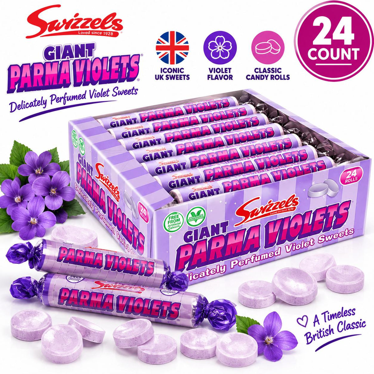 Swizzels UK Import Giant Parma Violets Perfumed Sugar Candy Rolls, 40g, 24-Count British Violet-Flavored Treats