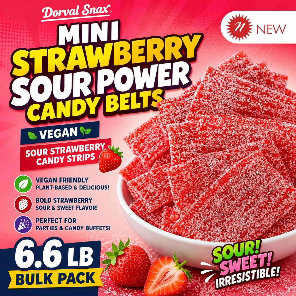 Dorval Snax Mini Strawberry Sour Power Belts - 6.6 lbs Vegan Chewy Strips, Bulk Party Treats for Events & Candy Buffets