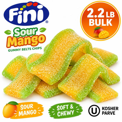 Fini Sour Mango Medium Gummy Belt Chips, 2.2 lb Bulk Bag Tangy Fruit Candies - Bite-Sized Soft Sweet Snack