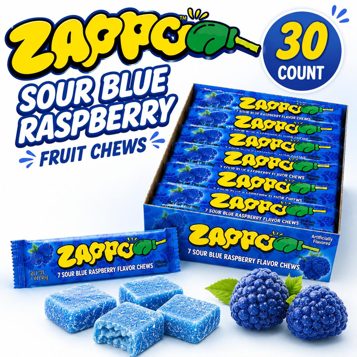 Zappo Sour Blue Raspberry Flavor Soft Sweet Fruit Chews Candies, 1 oz Individually Wrapped Snack Bars, 30 Count Tangy Party Treats