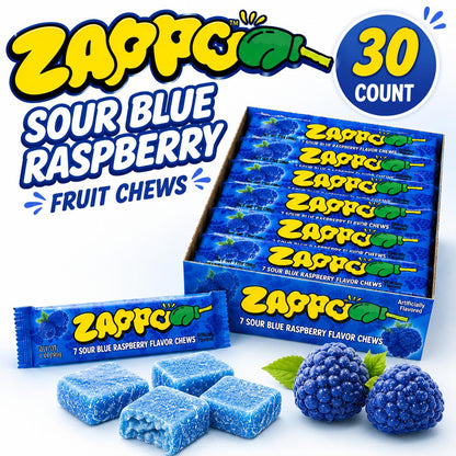 Zappo Sour Blue Raspberry Flavor Soft Sweet Fruit Chews Candies, 1 oz Individually Wrapped Snack Bars, 30 Count Tangy Party Treats