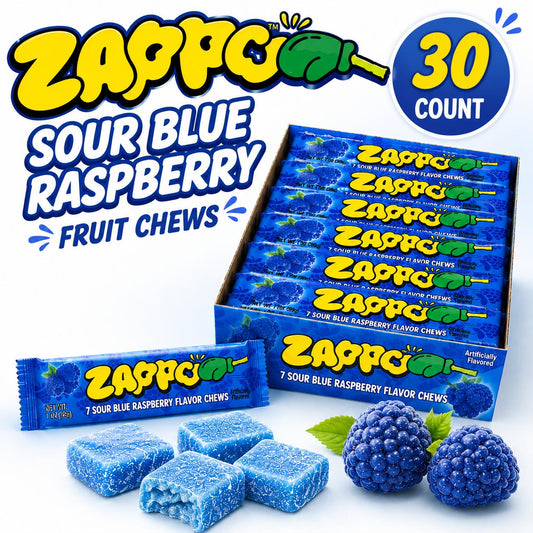 Zappo Sour Blue Raspberry Flavor Soft Sweet Fruit Chews Candies, 1 oz Individually Wrapped Snack Bars, 30 Count Tangy Party Treats