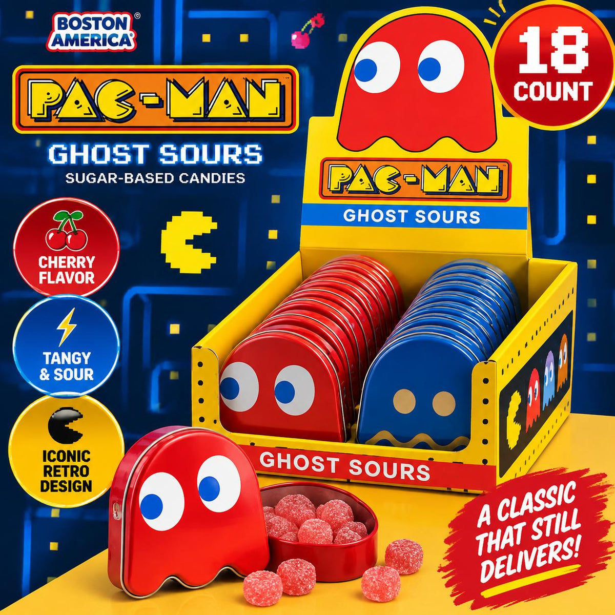 Boston America Pac Man Ghost Sours Cherry Candy Tin 18 Count Display Box Sour Sugar Candy