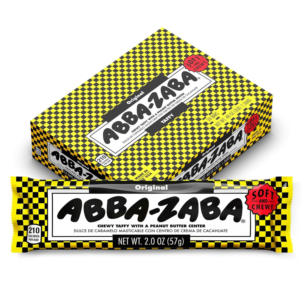 Abba-Zaba Peanut Butter Chewy Taffy Candies, 24-Count 0.48oz Individually Wrapped Soft Sweet Classic Retro Snack Bars
