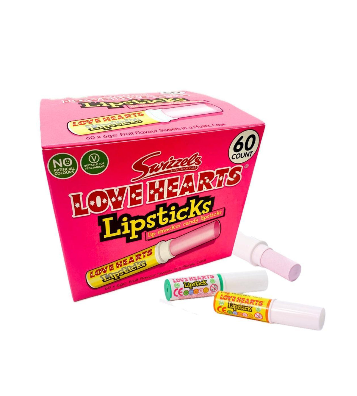 Swizzels UK Import Sugar-Based Love Hearts Lipstick Candy Sticks, 60 Pieces Bulk British Snacks