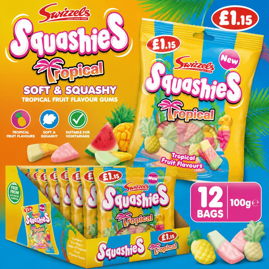 Swizzels Drumstick Squashies Tropical Fruit 100g 12 Count | Soft Chewy Gummy Candy | UK Import Fruit Flavored Sweets