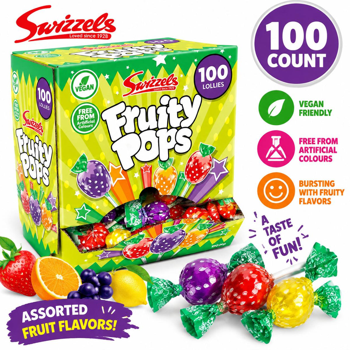 Swizzels UK Import Fruity Pops Assorted Fruit Lollipops 100 Count Changemaker Tray Candy Pops