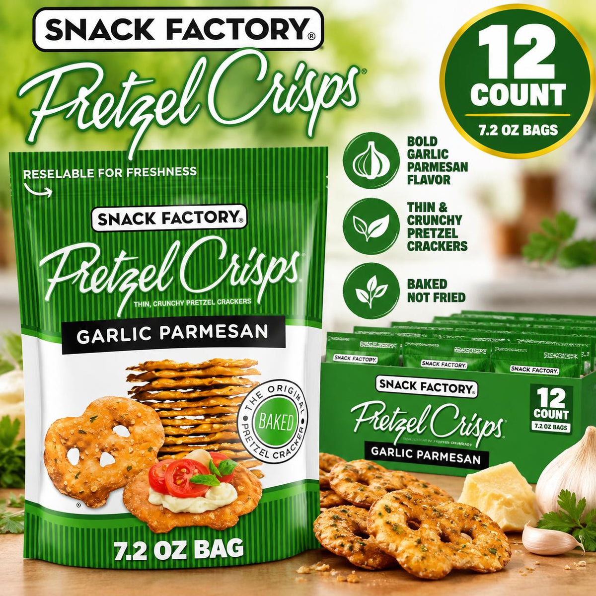 Snack Factory Pretzel Crisps Garlic Parmesan 7.2 oz 12 Count Crunchy Pretzel Snack