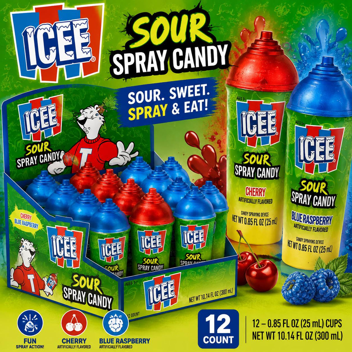 Icee Sugar-Based Sour Spray Candy Cups - Cherry & Blue Raspberry Flavors, 12-Count Sweet Tangy Liquid Candies, Kids' Snack Treat