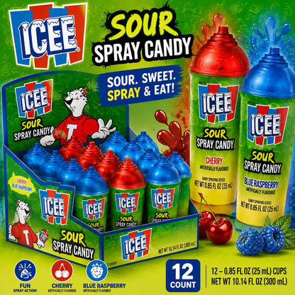 Icee Sugar-Based Sour Spray Candy Cups - Cherry & Blue Raspberry Flavors, 12-Count Sweet Tangy Liquid Candies, Kids' Snack Treat