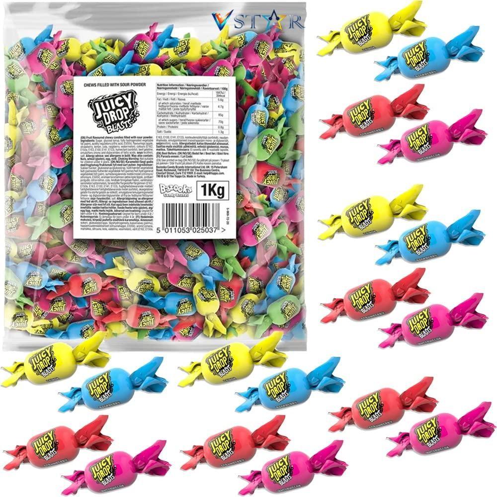 Bazooka UK Import Juicy Drop Blasts Sour Powder-Filled Chewy Candies, Tangy-Sweet Soft Sour Snacks, 2.2 lb Bulk Bag
