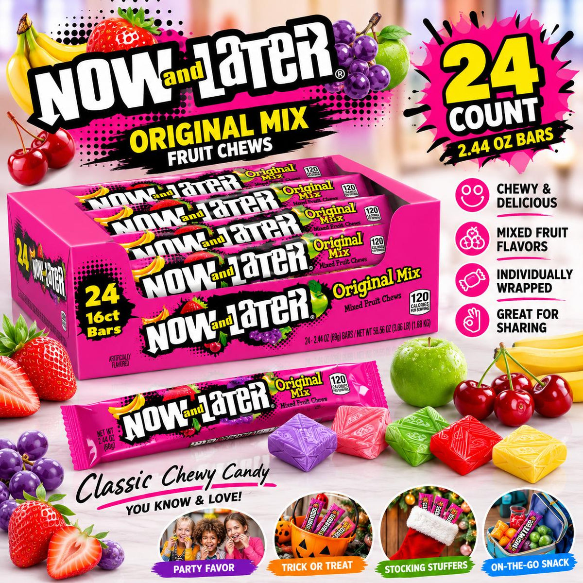 Now & Later Original Mixed Fruits Chewy Candies, 2.44oz Tray Box, 24 Individually Wrapped Classic Sweet Snack Bars, Candy in Bulk