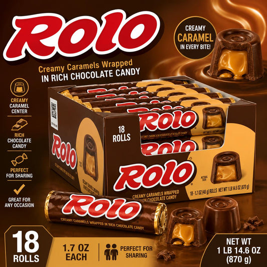 ROLO Creamy Caramel Milk Chocolate Candy Bars, 1.7 oz Each, 18-Count Sweet Snacks Pack with Candies