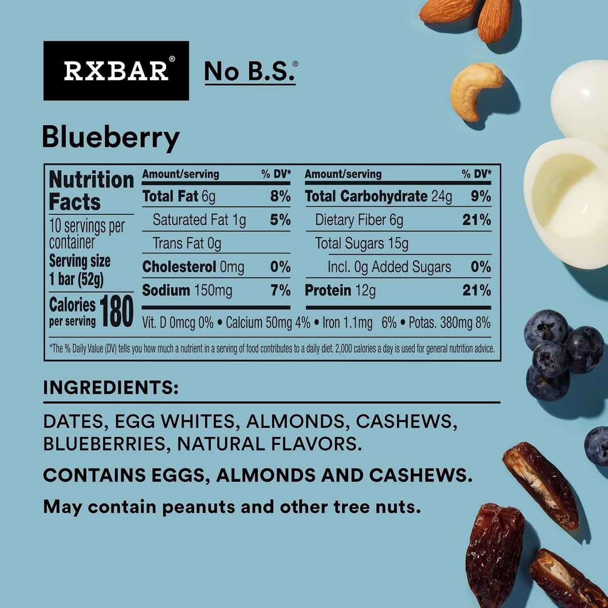 RXBAR Blueberry Natural High-Protein Fruit Snack Bars, 1.8oz, 12-Count Box Pack