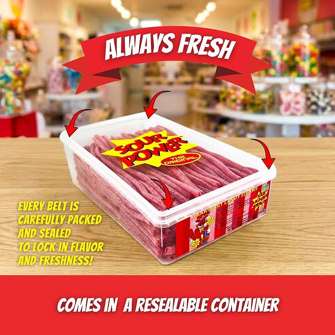 Dorval Sour Power Straw Tubes, Strawberry Flavor Bulk Soft Chewy Fruit Snack Candy, 2.5lb Large Plastic Tub Sour Candy Treat