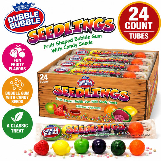Dubble Bubble Seedlings Soft Chews Chewing & Bubble Gum, 2.04 oz Tube Pack (6 Count per Tube), 24 Pcs Display Novelty Candy
