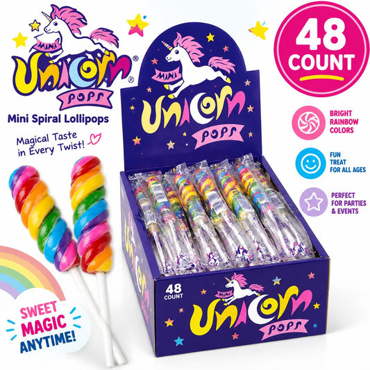 48-Piece Mini Unicorn Spiral Rainbow Lollipop Sticks, Colorful Swirl Sweet Snack Candies for Parties