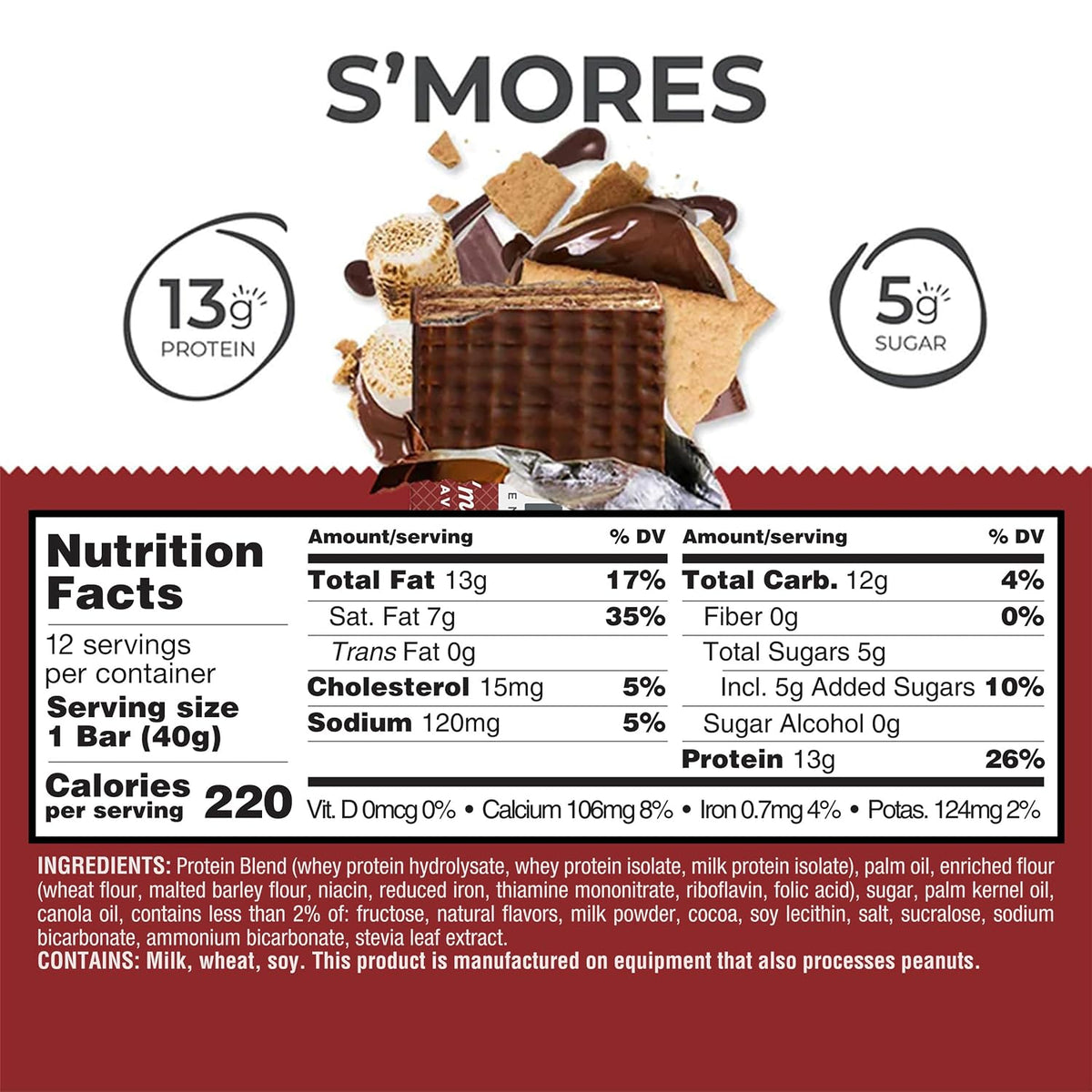 Power Crunch Protein Wafer Bars, Classic S’mores Flavor, 1.4oz, 12-Bar Box Pack, Crispy Chocolate-Infused Snack Wafers