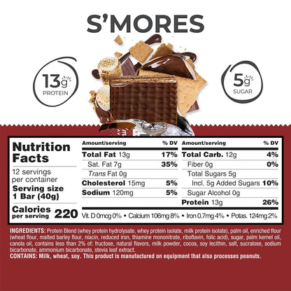 Power Crunch Protein Wafer Bars, Classic S’mores Flavor, 1.4oz, 12-Bar Box Pack, Crispy Chocolate-Infused Snack Wafers