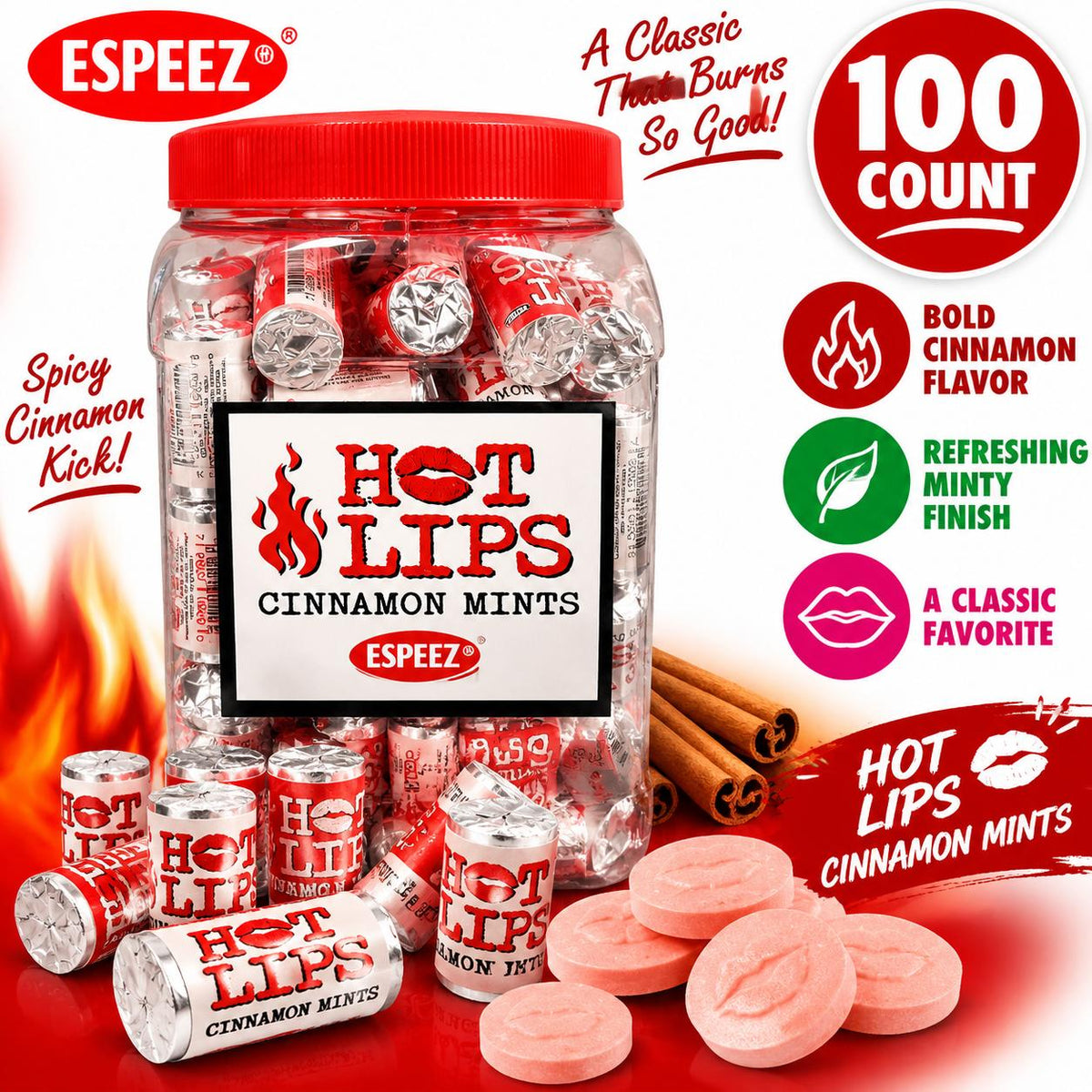 Espeez Hot Lips Cinnamon-Mint Flavor Candy Rolls, 100-Count Jar, Sweet Spicy Snack Candies