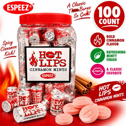 Espeez Hot Lips Cinnamon-Mint Flavor Candy Rolls, 100-Count Jar, Sweet Spicy Snack Candies
