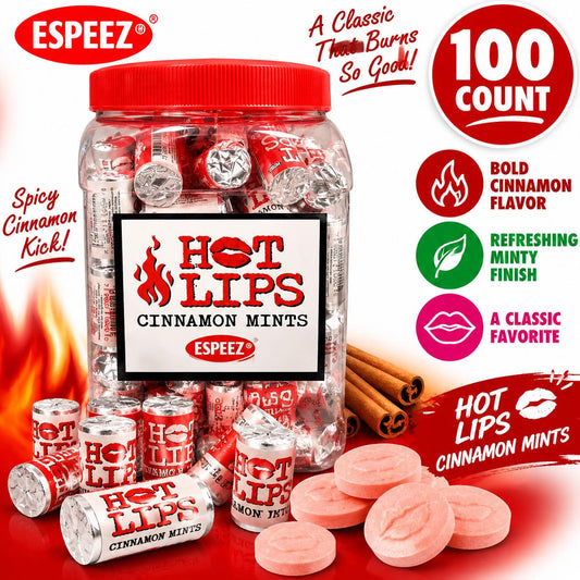 Espeez Hot Lips Cinnamon-Mint Flavor Candy Rolls, 100-Count Jar, Sweet Spicy Snack Candies