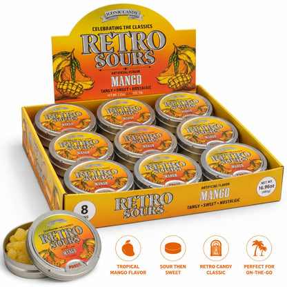 Retro Sours Mango Candies - 60g Tray Pack with 8-Count Collectible Tins, Sugar-Based Fruit Snack for Parties, Gifts
