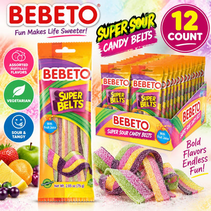 Bebeto Import Super Sour Belts Fruit & Chewy Candy Strips, 2.65oz, 12-Count Tray Packaging Sour Gummy Snacks