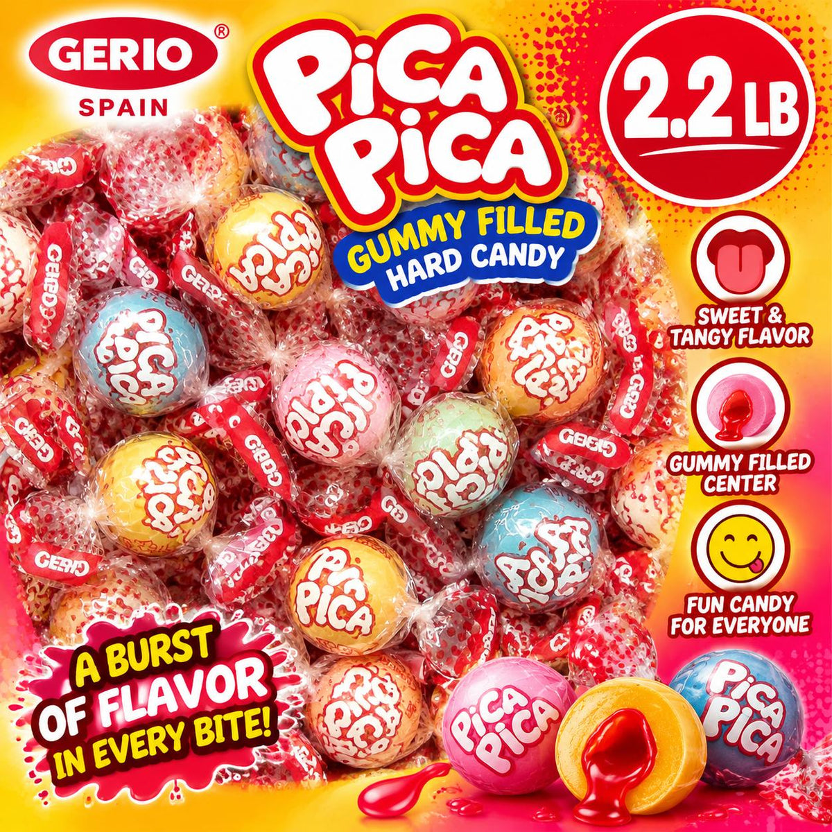 Liberty Gerio Spain Pica Pica Gummy Filled Hard Candy 2.2 lb Bulk Bag Sour Fruit Candy