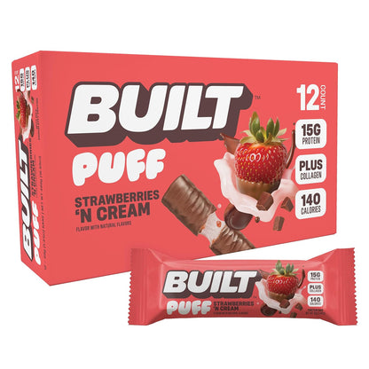 Built Strawberry Cream Puff Protein Bars - 1.41oz, 12-Count, Chocolate-Containing Protein-Rich Snack Bars, Contains Chocolate