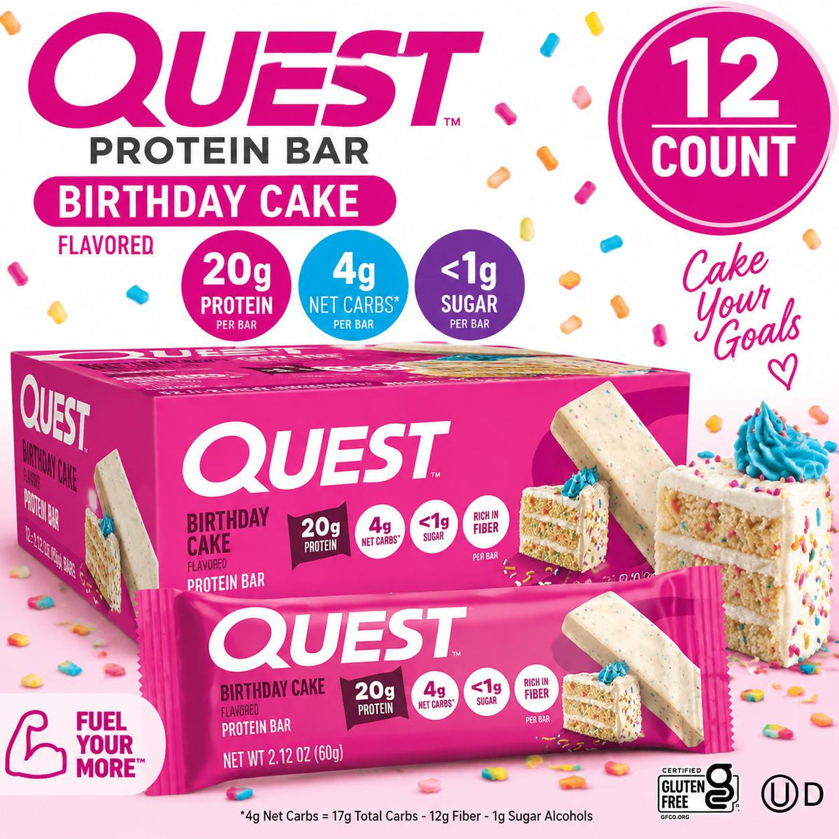 Quest Protein Bar - Sweet Birthday Cake Flavor, Contains Chocolate, 2.12 oz Each, 12-Count Box, High Protein Dessert-Inspired Snack Bars