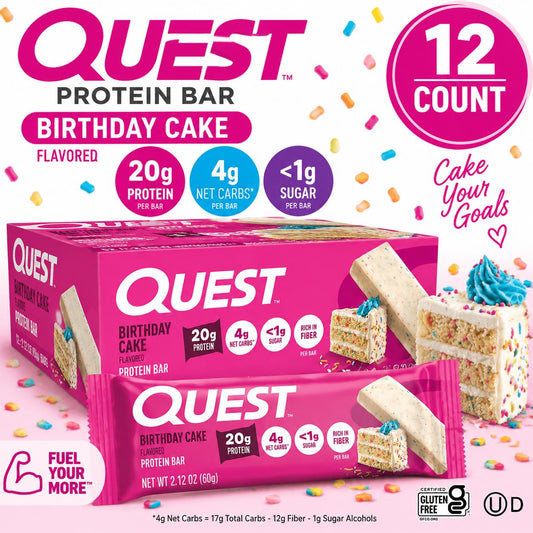 Quest Protein Bar - Sweet Birthday Cake Flavor, Contains Chocolate, 2.12 oz Each, 12-Count Box, High Protein Dessert-Inspired Snack Bars