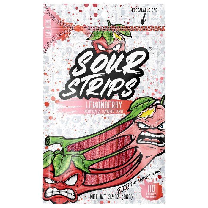 Sour Strips Lemonberry Duo Chewy Sugar-Base Candy Belts, 3.4oz Peg Bags (12 Count), Sweet and Sour Snacks