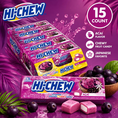 Hi Chew Acai Flavor Soft Fruit Candies, 1.76oz 15-Count Tray, Convenient Snack Option