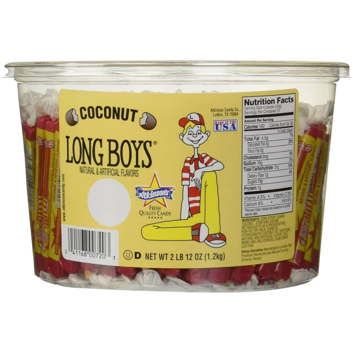 Atkinson Coconut Long Boy Caramel Candy Tub 44 oz 130 Count  Chewy Coconut Caramel Candy | Bulk Retro Treats for Sharing