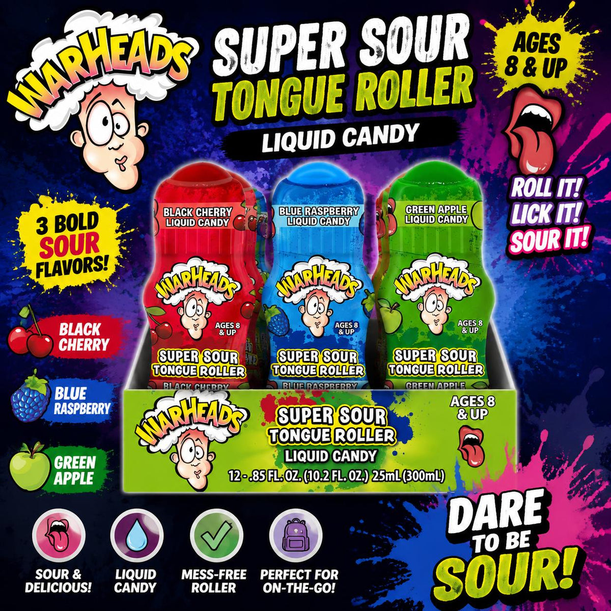 Warheads Extreme Sour Fruit Tongue Roller Candies - 12-Count Tray Pack, 0.85oz Liquid Snack - Party Treats, Candy Challenge Supplies