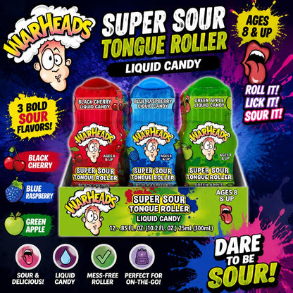 Warheads Extreme Sour Fruit Tongue Roller Candies - 12-Count Tray Pack, 0.85oz Liquid Snack - Party Treats, Candy Challenge Supplies